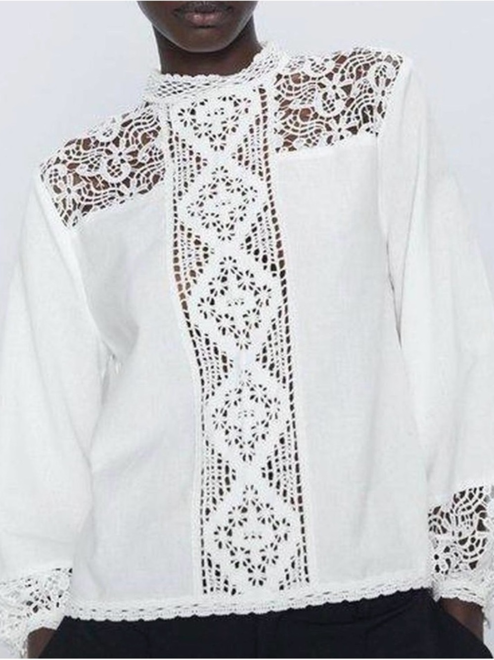Zara White Crochet Lace Panel High-Neck Blouse